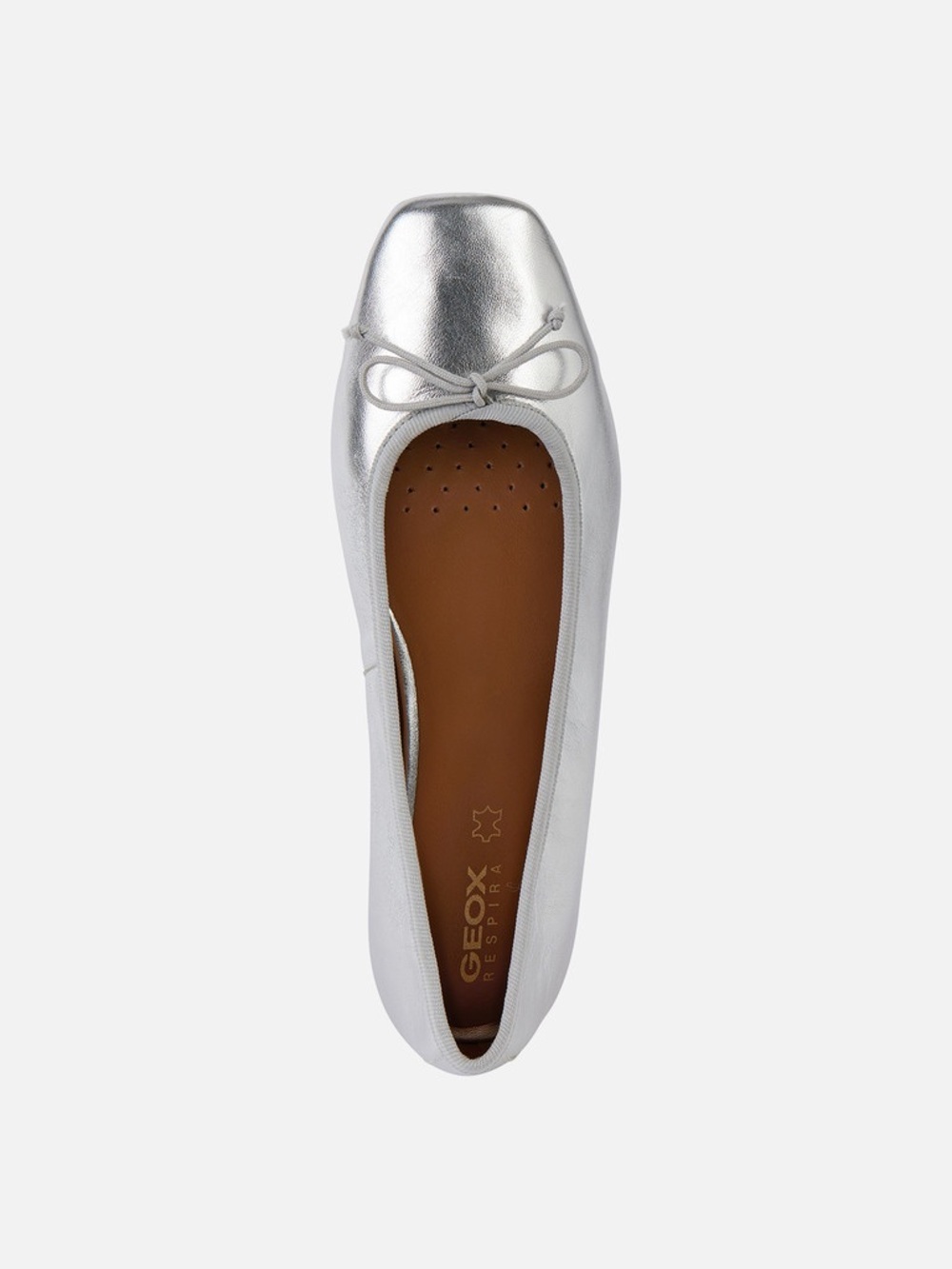 Geox Respira Silver Metallic Leather Ballet Flat with Bow Accent